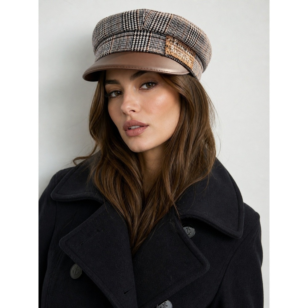 Ruslan Baginskiy Brown Plaid Wool Baker Boy Hat Size M Genuine Leather